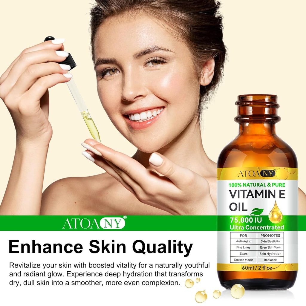 flasture Vitamin E Oil 75,000 IU – 100% Pure Natural Vitamin E for Skin, Face, Hair, Scars – Deep Moisturizing Body Oil for Dry Skin, Wrinkles – Cold-Pressed, Non-GMO,Skincare – 2 Fl Oz