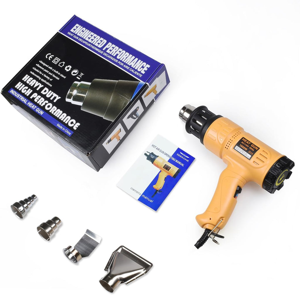 SEEKONE Heat Gun 1800W 122℉-1202℉（50℃- 650℃）Fast Heating Heavy Duty Hot Air Gun Kit Variable Temperature Control Overheat Protection with 4 Nozzles for Crafts, Shrinking PVC, Stripping Paint(5.2FT)