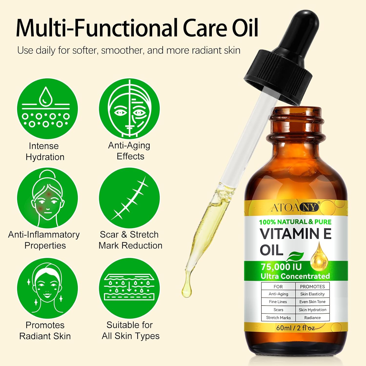 flasture Vitamin E Oil 75,000 IU – 100% Pure Natural Vitamin E for Skin, Face, Hair, Scars – Deep Moisturizing Body Oil for Dry Skin, Wrinkles – Cold-Pressed, Non-GMO,Skincare – 2 Fl Oz