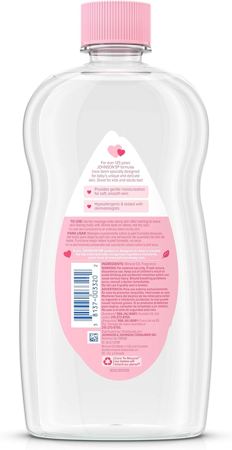 Johnson's Baby Oil, Pure Mineral Oil to help Prevent Moisture Loss for Baby, Kids & Adults, Gentle & Soothing Baby Massage Oil for Dry Skin Relief, Original Scent, Baby Essentials, 20 fl. oz