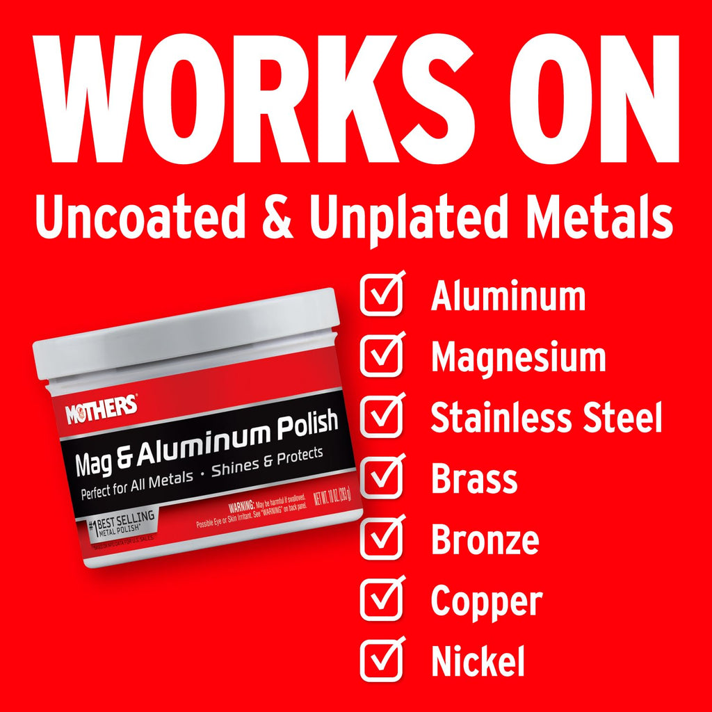 Mothers Mag & Aluminum Polish, 10 oz. – Brilliant Shine, Easy to Use, for All Uncoated & Unplated Metals Including Aluminum Wheels, Stainless Steel Trim and Exhaust Tips, Brass & More (05101)