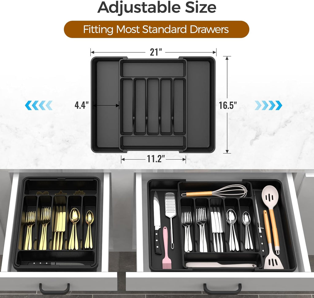 ukeetap Extra Large Expandable Silverware Organizer, BPA-Free Food-Safe Cutlery Flatware Organizer, Kitchen Utensil Drawer Organizer, Adjustable Silverware Holder for Spoons Forks Knives, Black