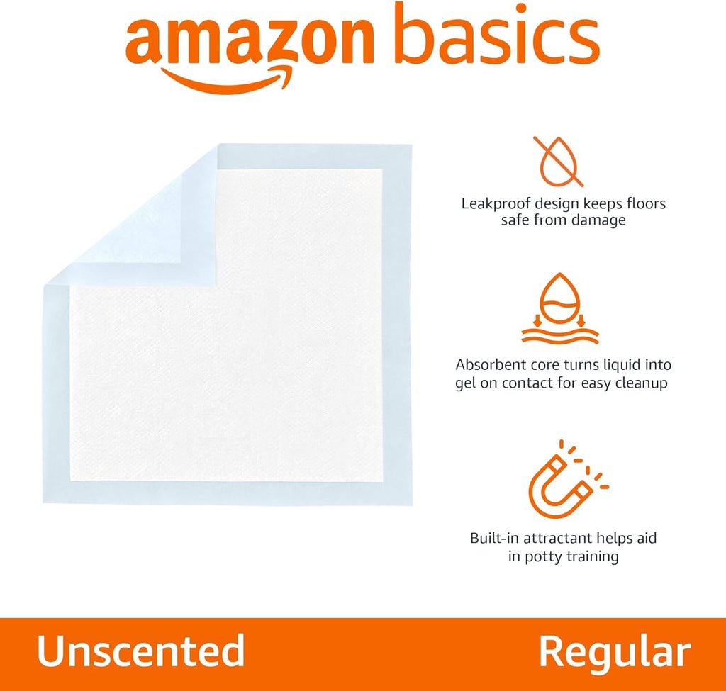 Amazon Basics Leak-Proof Dog and Puppy Potty Training Pee Pads with Quick-Dry 5-Layer Super Absorbent Design, Regular Size 22 x 22 inch, Blue & White, 100 Count