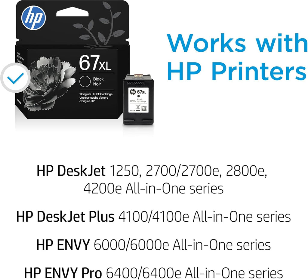 HP 67XL Black High-Yield Ink Cartridge | Works with DeskJet 1255, 2700, 4100, Envy 6000, 6400 Series | Eligible for Instant Ink | 3YM57AN | Packaging May Vary