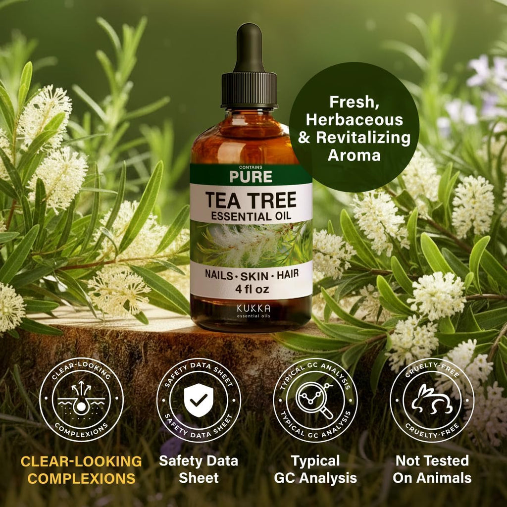 100% Pure Tea Tree Oil - 4 Fl Oz Tea Tree Essential Oil for Hair, Skin, Diffuser, Aromatherapy & DIY Soap Making Scent