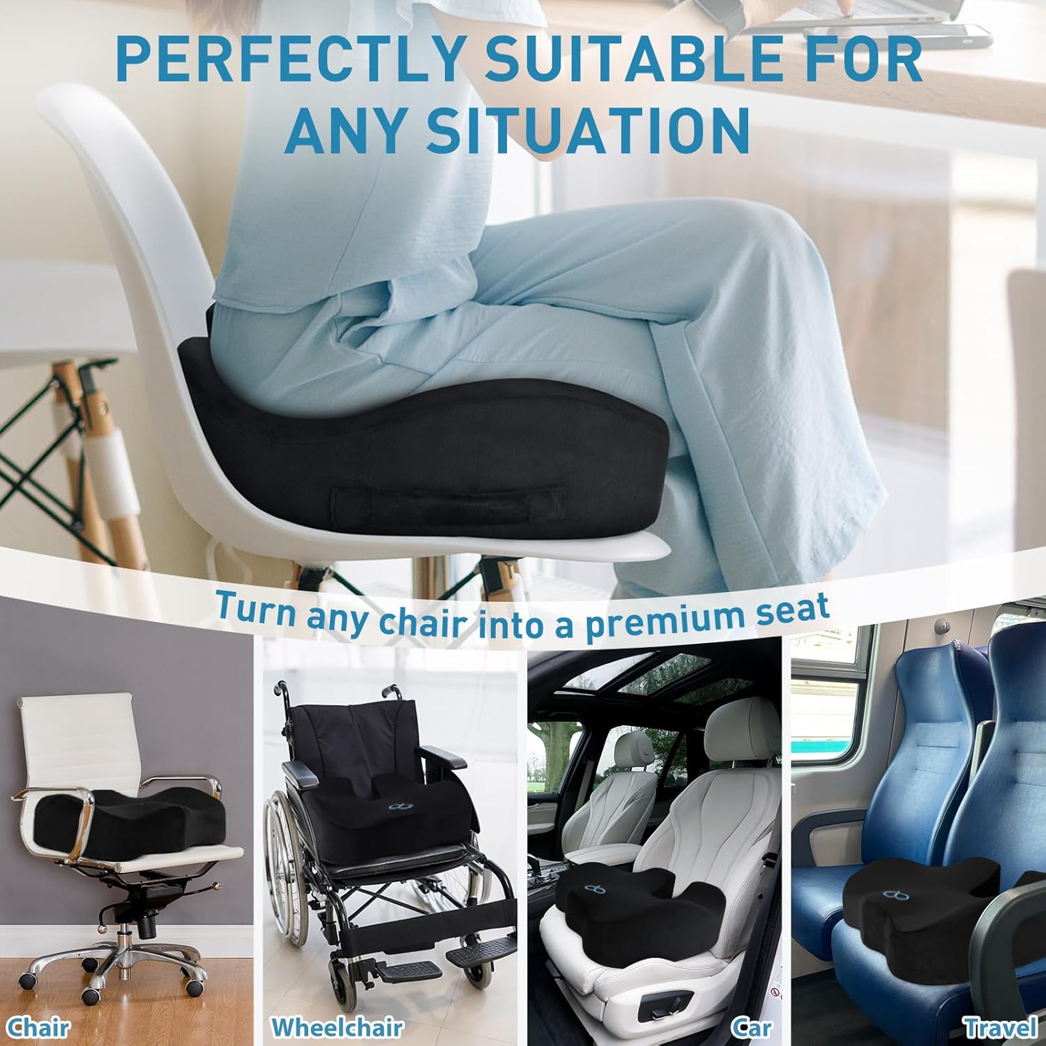 BlissTrends Seat Cushion with Velvet Cover, Thick Memory Foam Cushions for Office Chair, Car Seat, Airplane, Relieving Pressure Tailbone Sciatica Back Pain for Long Sitting, Car Drivers 4.7in Black