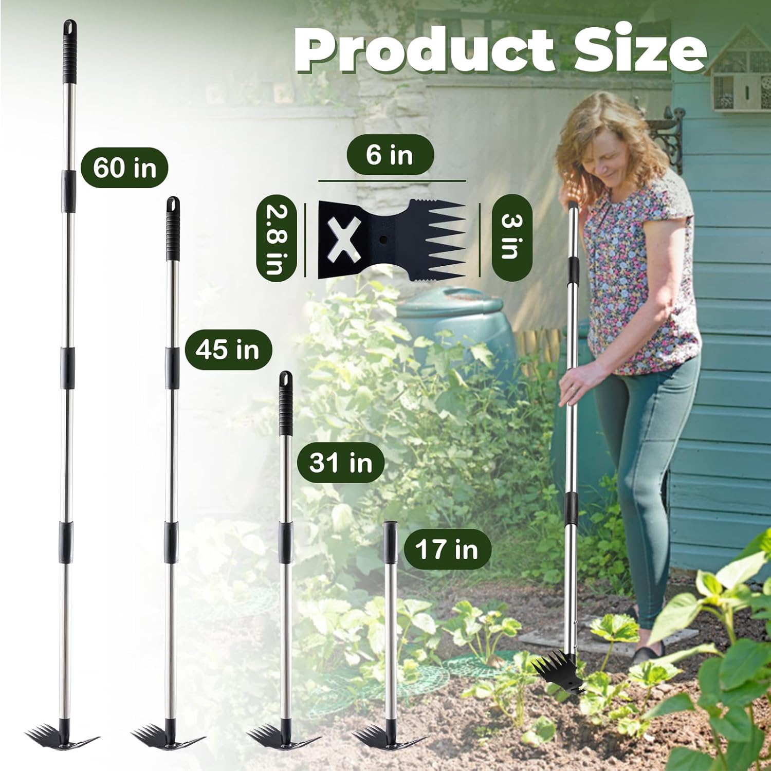 NICOFPHY Weed Puller Tool with Long Handle - 60" Manual Weeder Remover Tool, 2 in 1 Hand Weed Rake and Garden Hoe for Gardening, Heavy Duty Uprooting Weeding Pull for Yard, Lawn, Patio and Garden