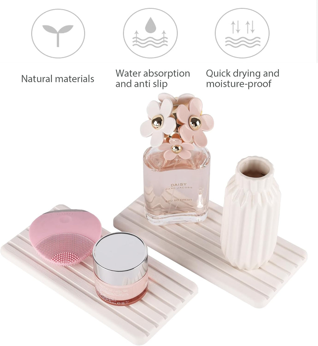NiuYichee 2 PCS Water Absorbent diatomite Coasters, 8.3" x 4" Water Absorbing Stone Tray for Sink, Stone Drying mat for Kitchen Counter, Stone soap Tray Used for Hand Soaps & toiletries & Plants