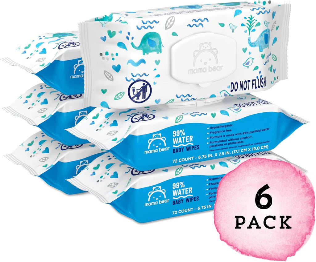Amazon Brand - Mama Bear 99% Water Baby Wipes, Hypoallergenic, Fragrance Free,72 Count (Pack of 6)