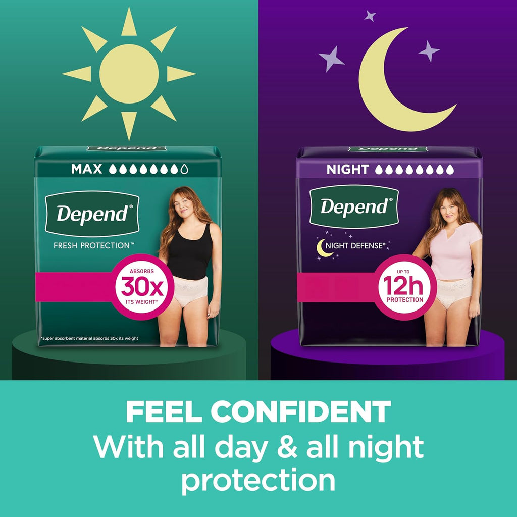 Depend Fresh Protection Adult Diapers, Incontinence & Postpartum Bladder Leak Underwear for Women, Disposable, Maximum, Large, Blush, 72 Count (2 Packs of 36), Packaging May Vary