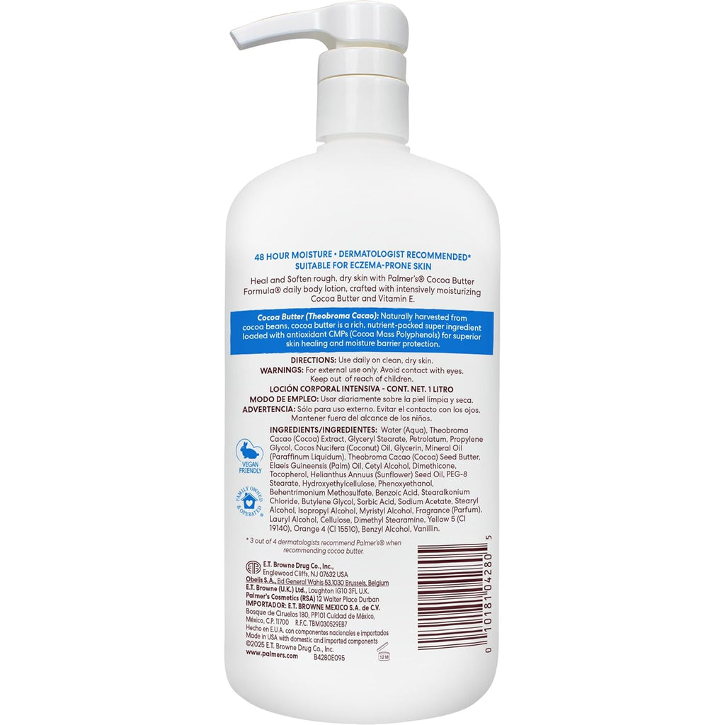 Palmer's Cocoa Butter Formula Daily Skin Therapy Body Lotion, 33.8 Oz Pump Bottle, Intensive Moisturizer for Dry and Eczema-Prone Skin, Enriched with Vitamin E, Helps Provide 48-Hour Deep Hydration