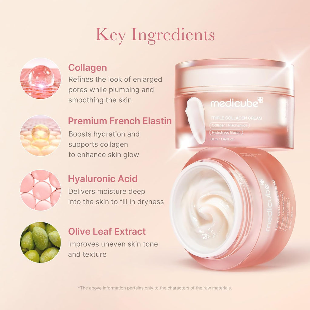 Medicube Triple Collagen Cream - Hydrating & Firming Moisturizer with Hyaluronic Acid, Premium Elastin, Shea Butter - Wrinkle Care & Boosts Elasticity - Korean Skincare, 1.69 oz