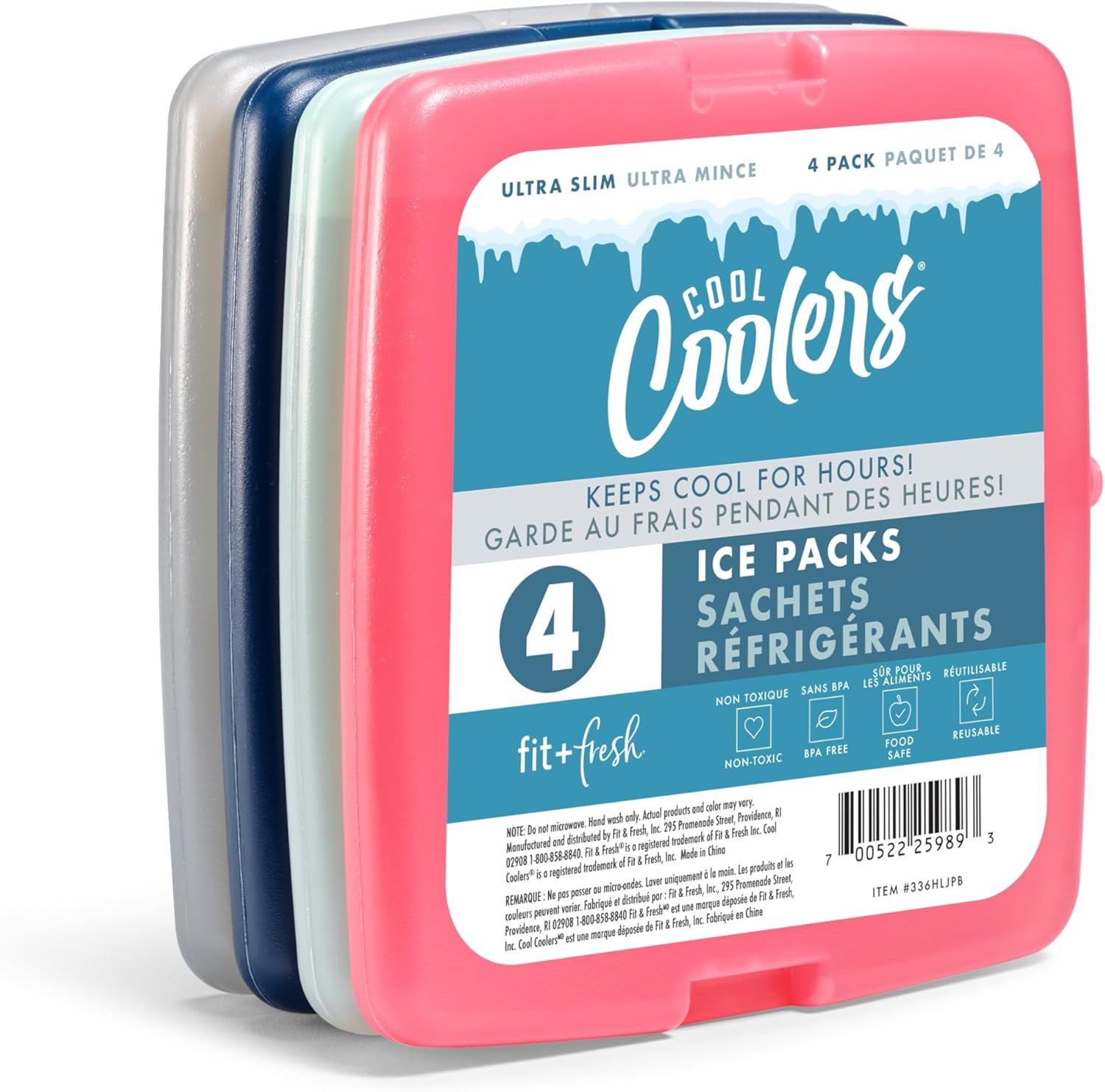 Fit + Fresh Cool Coolers Slim, Reusable Ice Packs for Lunch Bags, Beach Bags, Coolers, and More, Set of 4, Multicolored