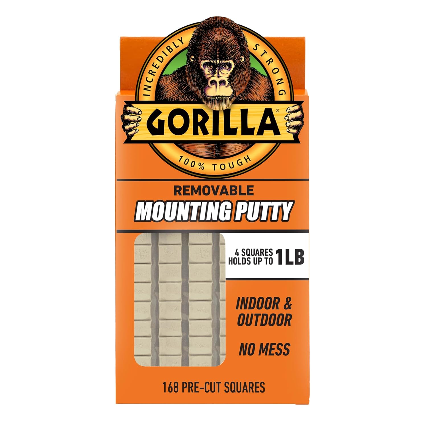Gorilla Mounting Putty, Natural Tan Color, 168 Pre-Cut Squares (Pack of 1) - Non-Toxic Removable & Repositionable Wall Putty