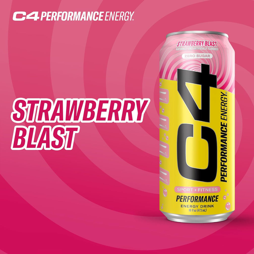 C4 Performance Energy Drink | Strawberry Blast | Zero Sugar Carbonated Preworkout Energy | 200mg Caffeine with Beta Alanine | 16 Fl Oz (12 Pack)