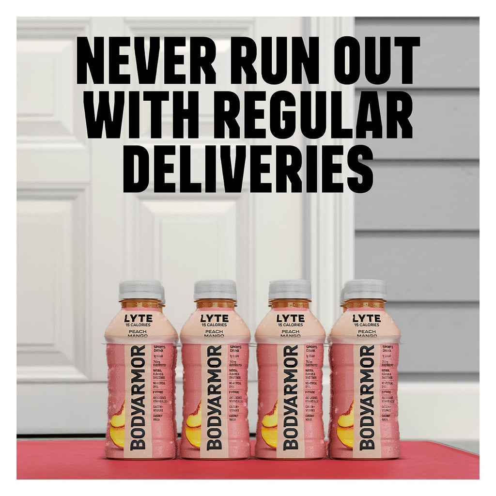 BODYARMOR LYTE, Peach Mango, Electrolyte Drink, 20 Calories, 16 Fl Oz Bottles (12 Pack), Coconut Water Sports Drink, Natural Flavor & B Vitamins