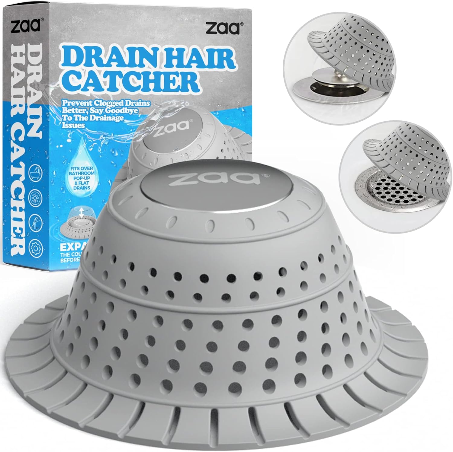 zaa Bathtub Drain Hair Catcher, Premium Silicone Shower Hair Catcher, 1Pack Collapsible Hair Stopper for Pop Up and Regular Drains of Shower, Bathtub, Bathroom Sink, Bathroom Fixture Accessories, Gray