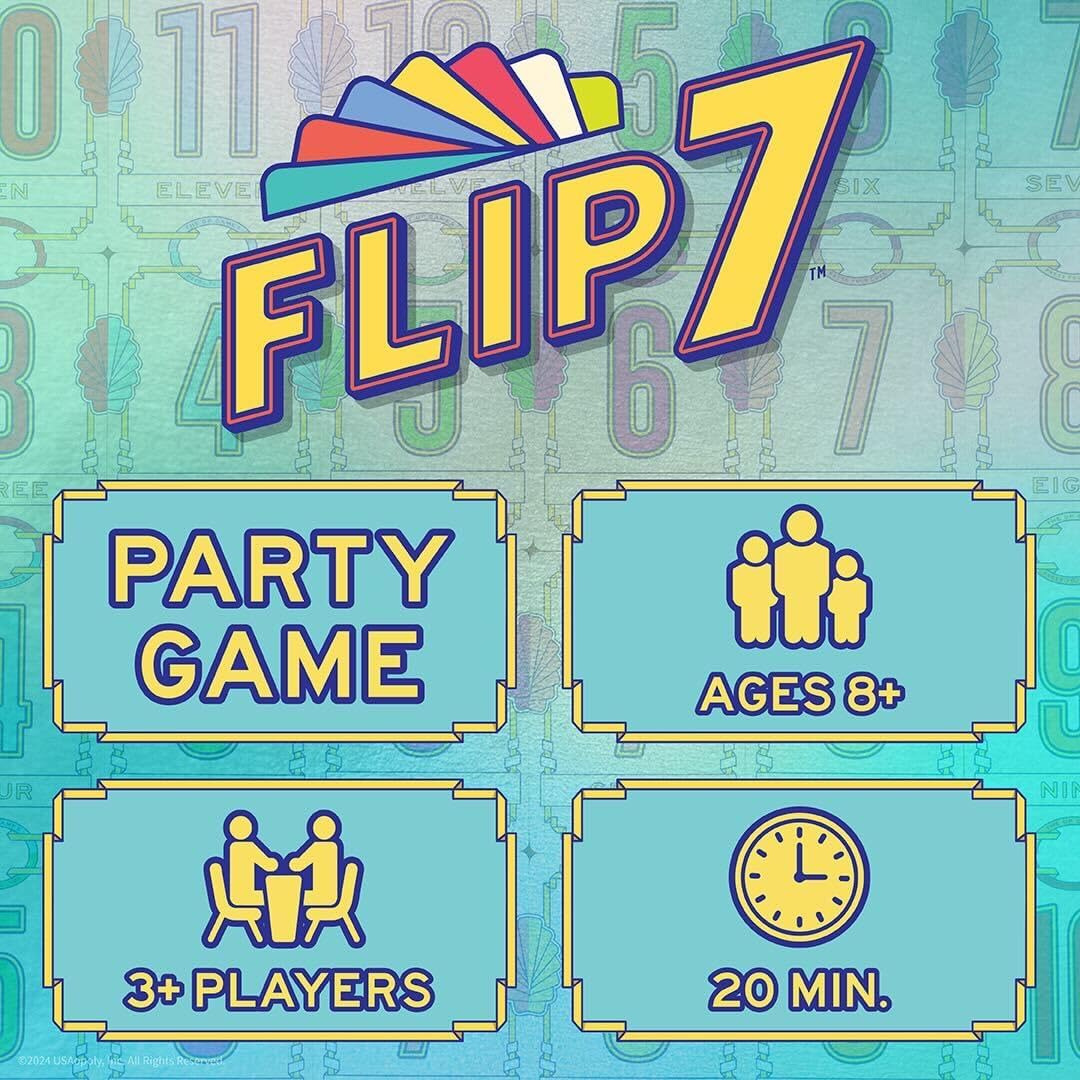 USAOPOLY Flip 7, The Ultimate Blend of Press Your Luck & Strategy, Fast-Paced Addictive Card Game,Quick to Learn & Easy to Teach,Perfect for Game Nights, 3+ Players, Ages 8 & Up, 20 Minutes Play Time