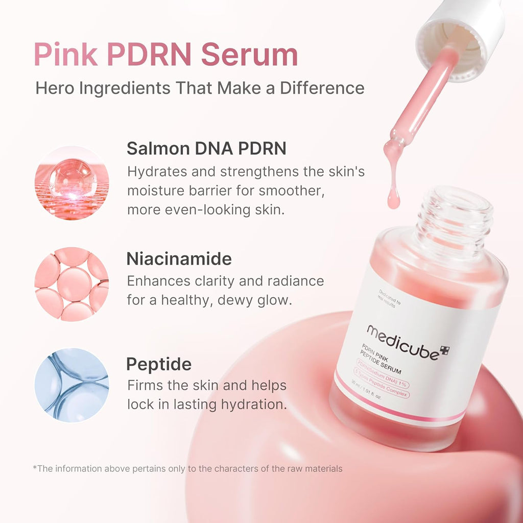 medicube PDRN Pink Peptide Serum with Salmon DNA | Pink Glow Serum with Peptides & Niacinamide for Hydration & Firm-Looking Skin | Uneven Tone Care | Korean Skincare, 1.01 fl. Oz