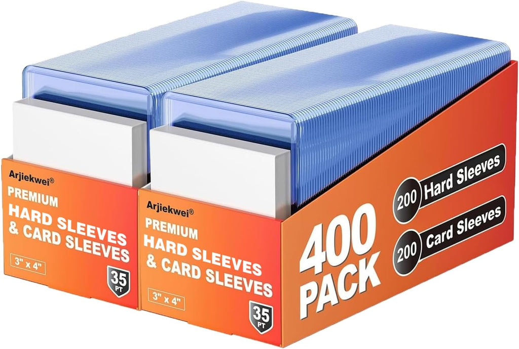 400 Card Sleeves Hard Plastic, Arjiekwei 3"X4" Baseball Cards Protectors Plastic, Premium Card Holder for Trading Sports Baseball Football Game Cards (200 Hard Sleeve + 200 Soft Sleeve)