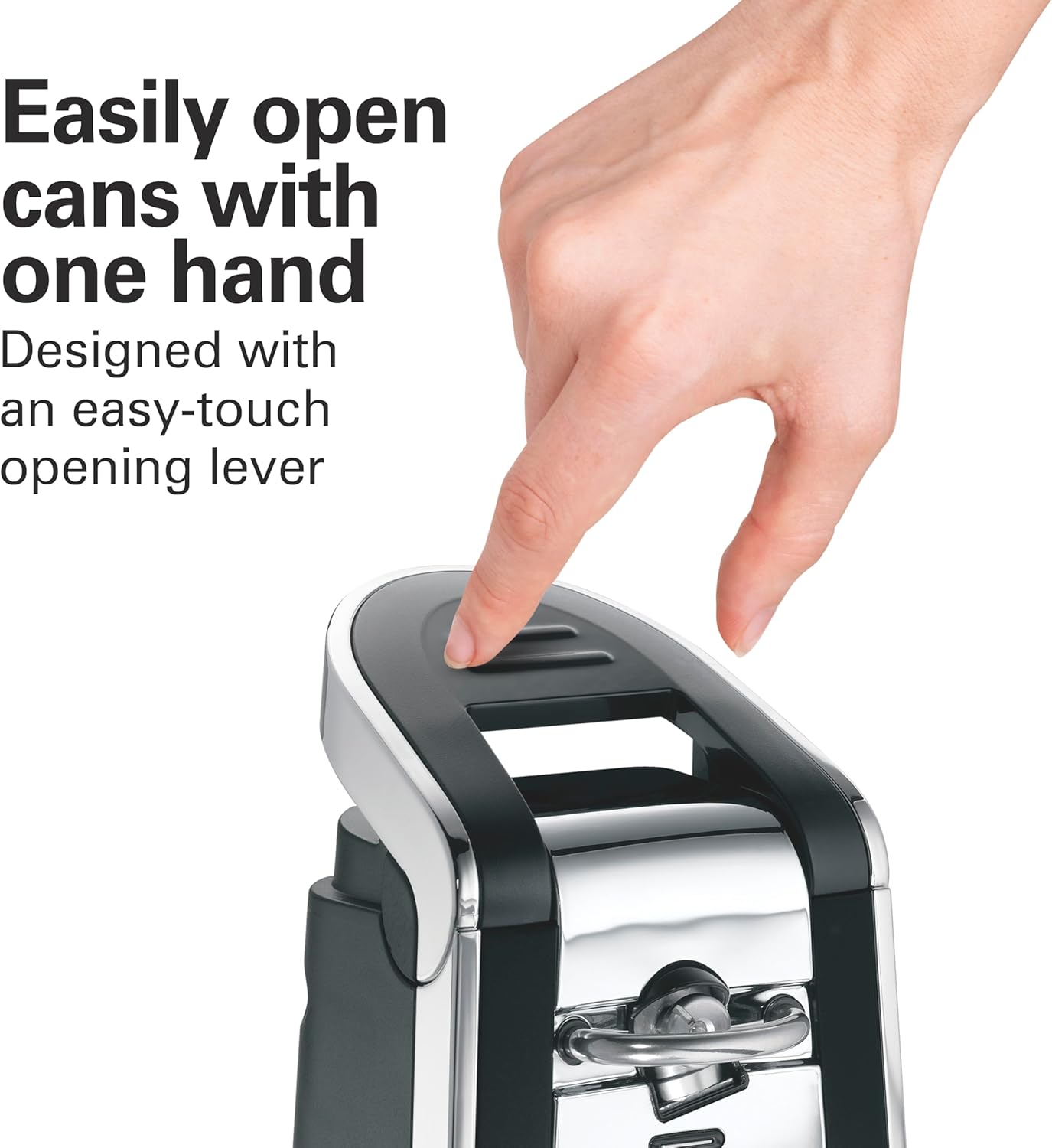 Hamilton Beach Smooth Touch Electric Automatic Can Opener with Easy Push Down Lever, Eliminates Sharp Edges, Opens All Standard-Size and Pop-Top Cans, Extra Tall, Black and Chrome (76606AG)