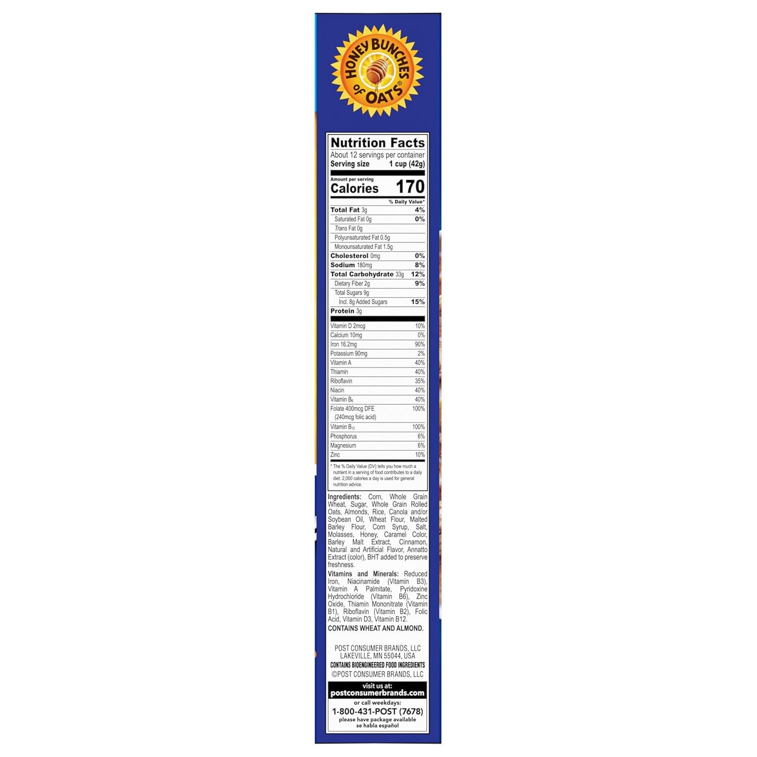 Honey Bunches of Oats with Almonds Breakfast Cereal, Almond Cereal with Oats and Granola Clusters, Family Size 18 oz Box