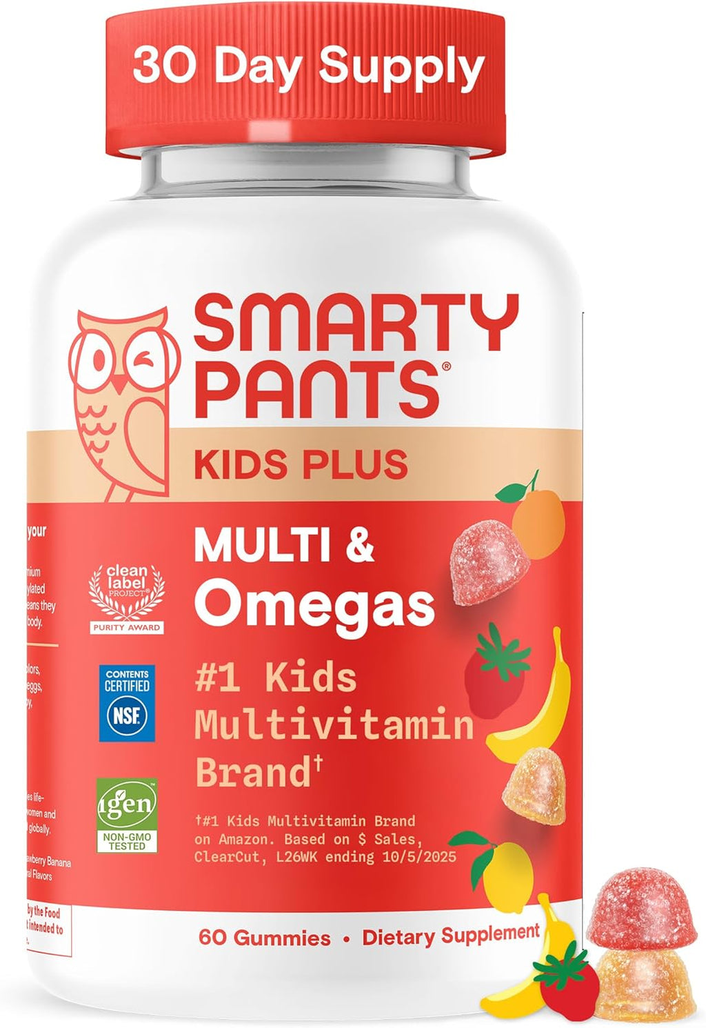 SmartyPants Kids Multivitamin Gummies with Omega 3 DHA/EPA, Vitamins D3, C, B12, B6, A, K, and Zinc, Gluten Free, Clean Label, Three Fruit Flavors, 60 Gummies (30 Day Supply)