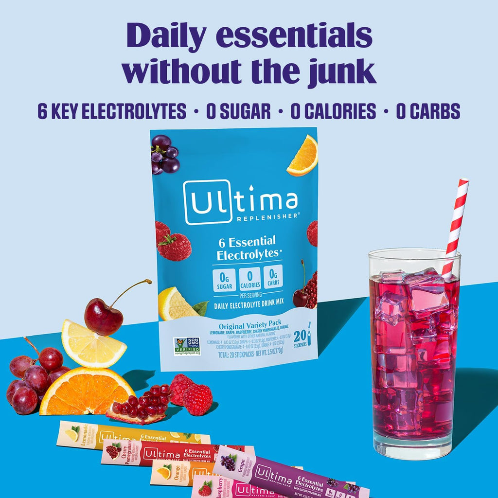 Ultima Replenisher Daily Electrolyte Powder – Original Variety Pack, 20 Stickpacks – Zero Sugar Hydration Packets with 6 Electrolytes and Minerals – Sugar Free, Plant Based & Keto Friendly Drink Mix