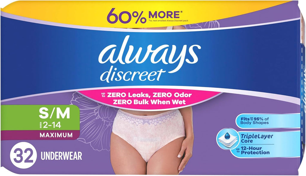 Always Discreet Adult Diapers for Women, Incontinence Underwear, Postpartum Essentials, Disposable Briefs, Max Absorbency, Bladder Leak Protection, Small/Medium, 32ct