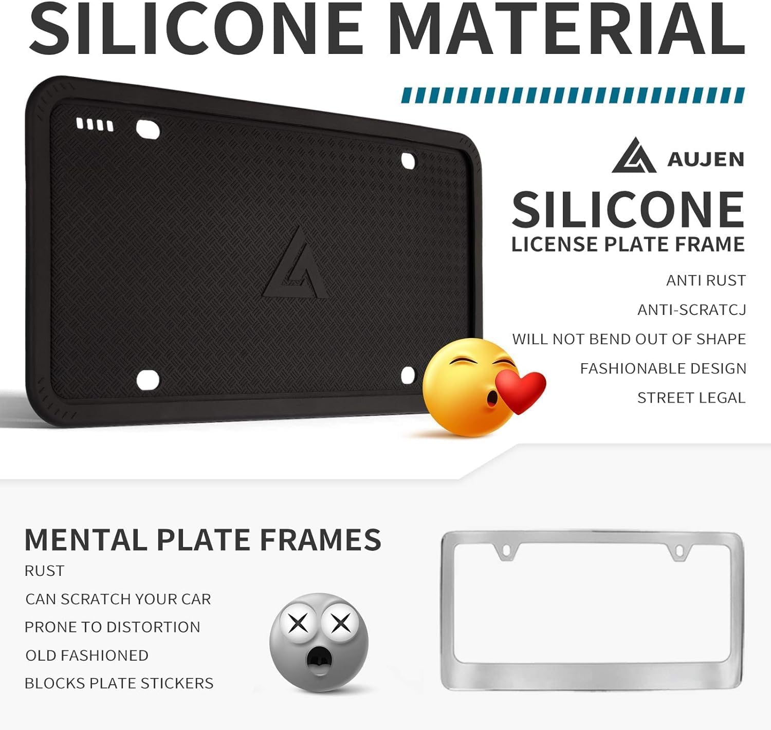 Aujen Silicone License Plate Frames Black, 2 Pack Car License Plate Frame, Universal US Black License Plate Holders Brackets Rust-Proof, Weather & Rattle-Proof, Car Accessories