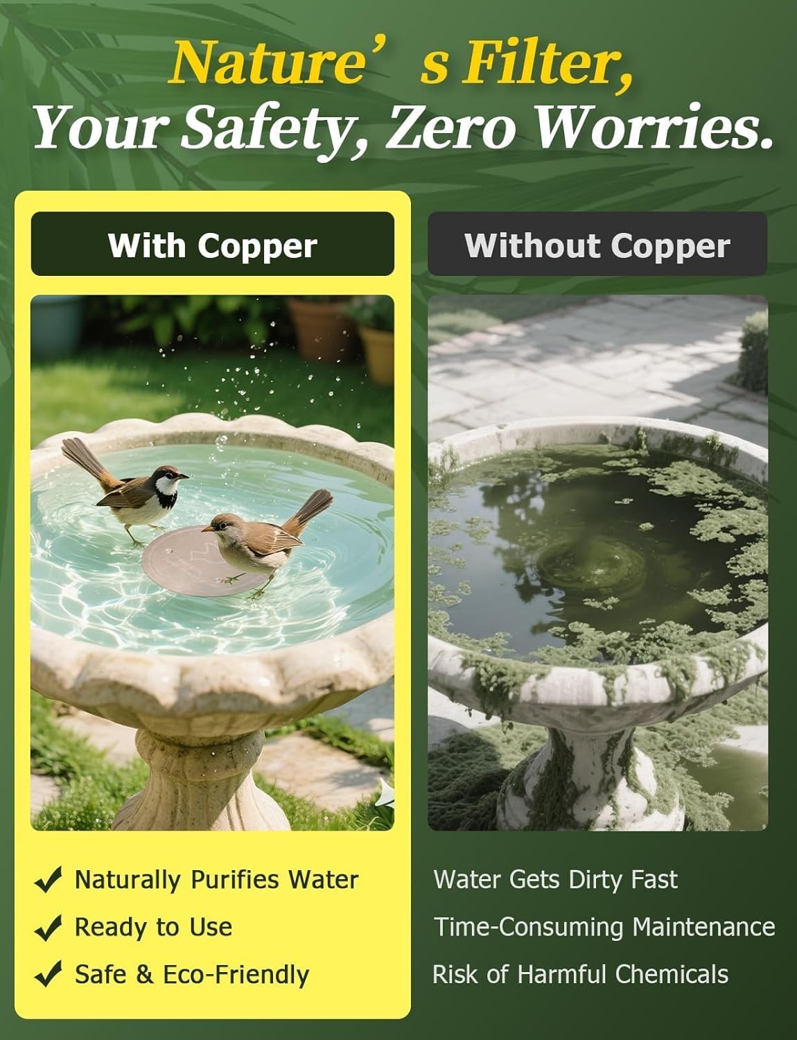 Mellbree Bird Bath Copper Disk, 0.6mm Reinforced 99.99% Pure Copper Cleaning Disk for Physical Safe Clean Water All-Season, Universal Fit for Outdoor Birdbaths, Bowl, Bird Bath Solar