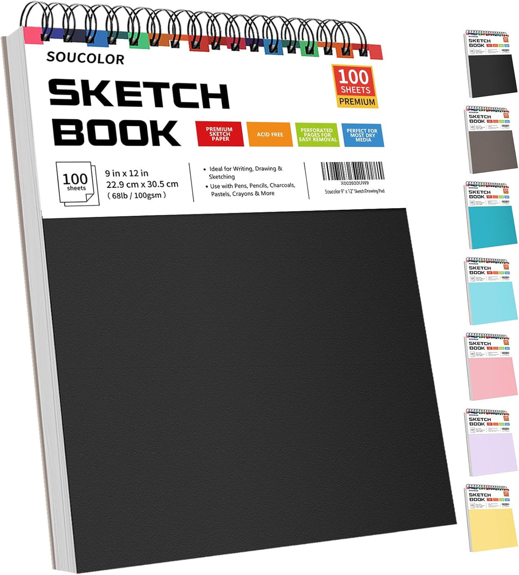 Soucolor 9" x 12" Sketch Book, 100 Sheets Top Spiral Bound Sketchbook with Acid-Free 68lb/100gsm Thick Drawing Paper, Art Sketch Pad for Kids, Adults & Artist, Professional Art Supplies for Beginners