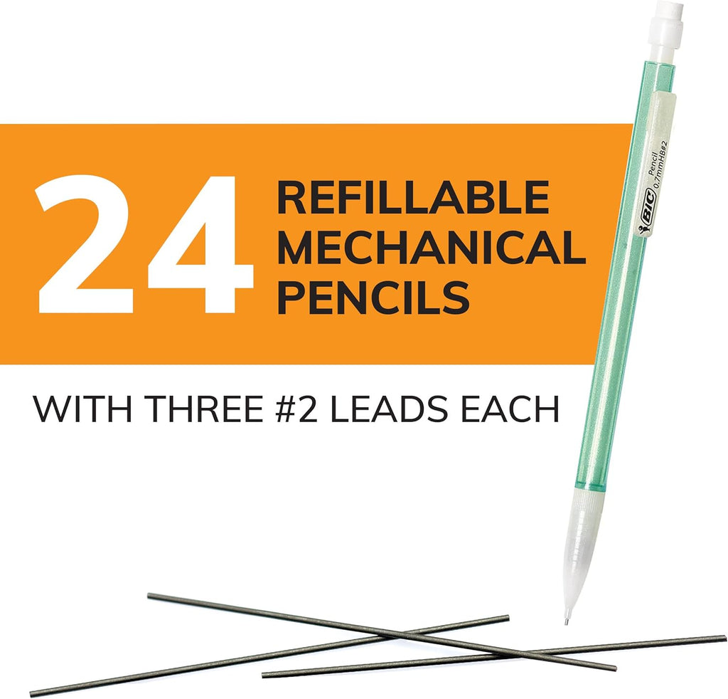 BIC Xtra-Sparkle Number 2 Mechanical Pencils With Erasers, Medium Point (0.7mm), 24-Count Pack, Mechanical Pencils for School Supplies