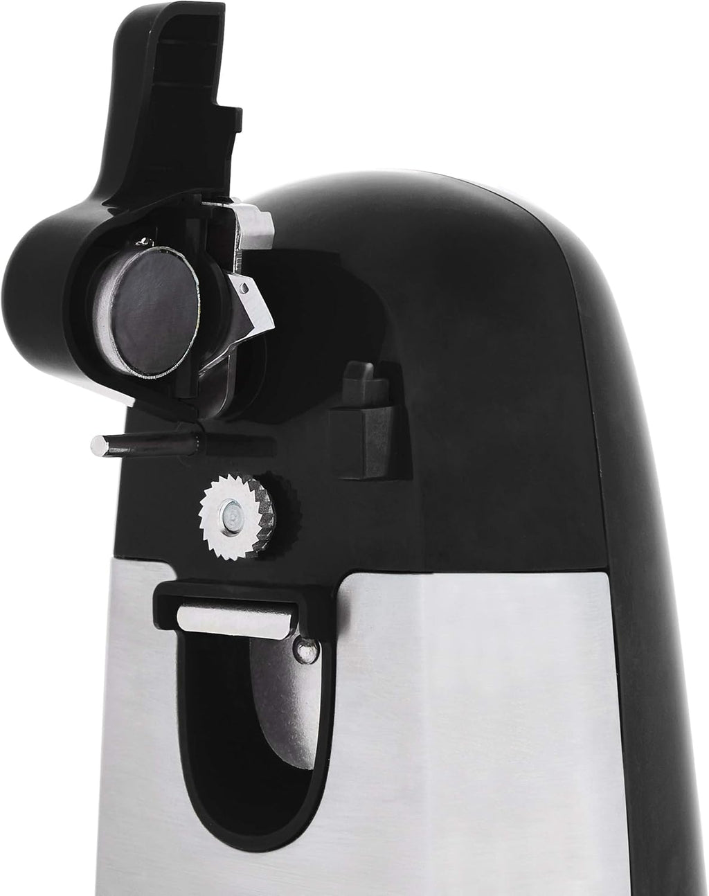 Amazon Basics 3-In-1 Electric Can Opener, Bottle Opener and Knife Sharpener with Stainless Steel Blade, Magnetic Lid Holder, Safe, Easy to Use, Powerful, Sleek Design, 50W, Black
