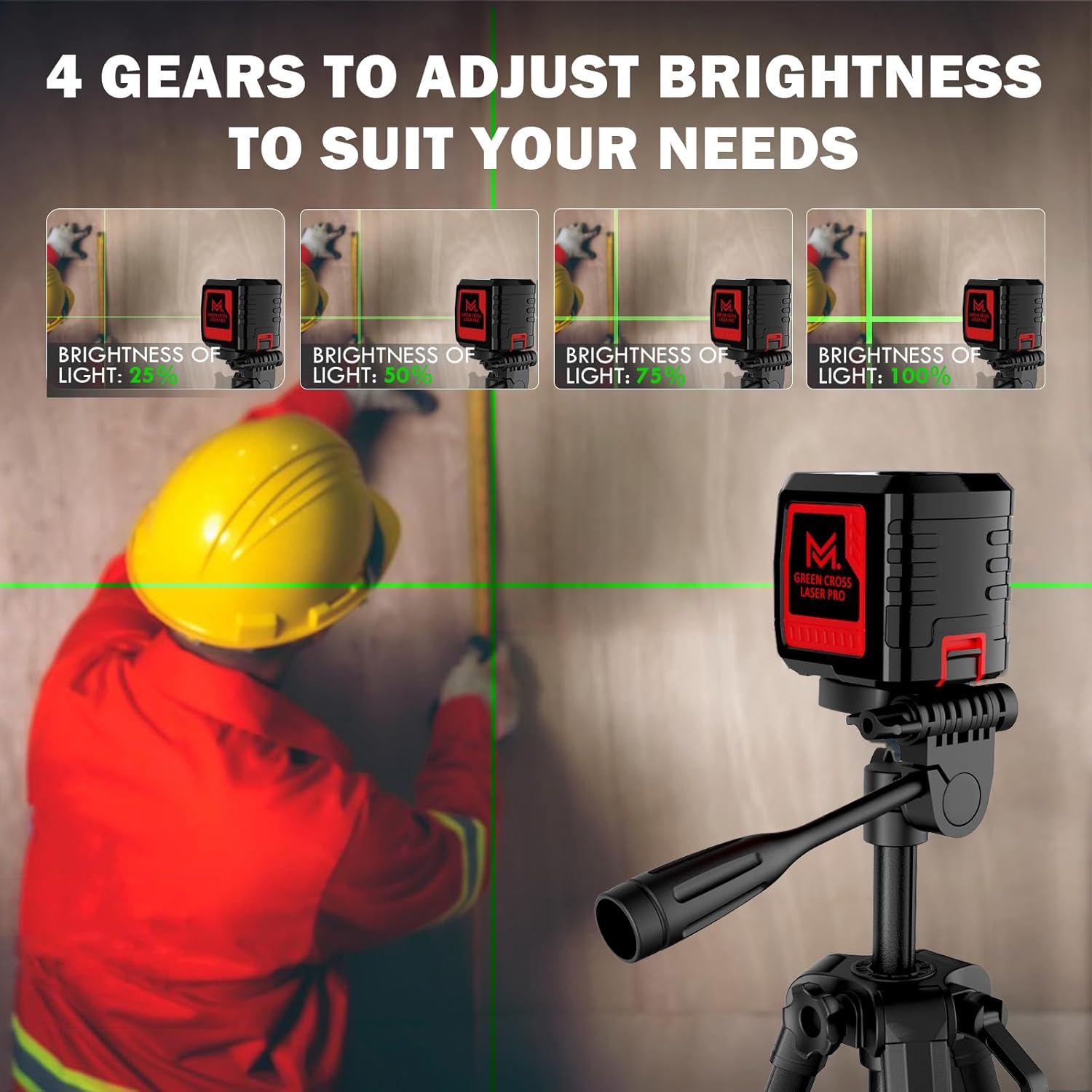 Motovera Self Leveling Laser Level 100ft, Green Cross Line with Tripod, 4 Brightness Modes & Pulse Function, Manual & Self-Leveling Modes, IP54 Waterproof for Picture Hanging, Tile, DIY Construction