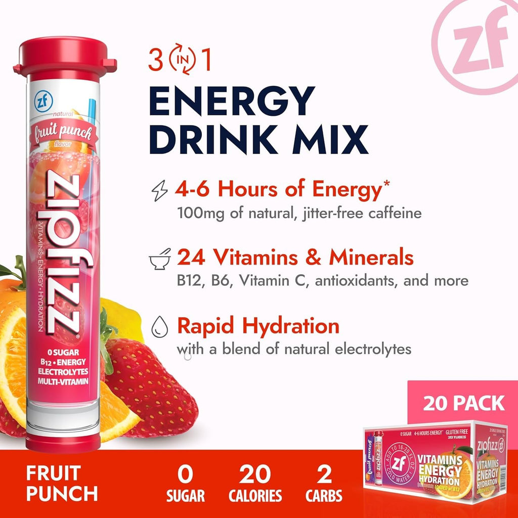 Zipfizz Daily Energy Drink Powder, Fruit Punch, 20 Pack 3-in-1 Sustained Energy, Rapid Hydration, and Essential Vitamins Sugar-Free Electrolyte Powder Contains Vitamin B-12 & Antioxidants