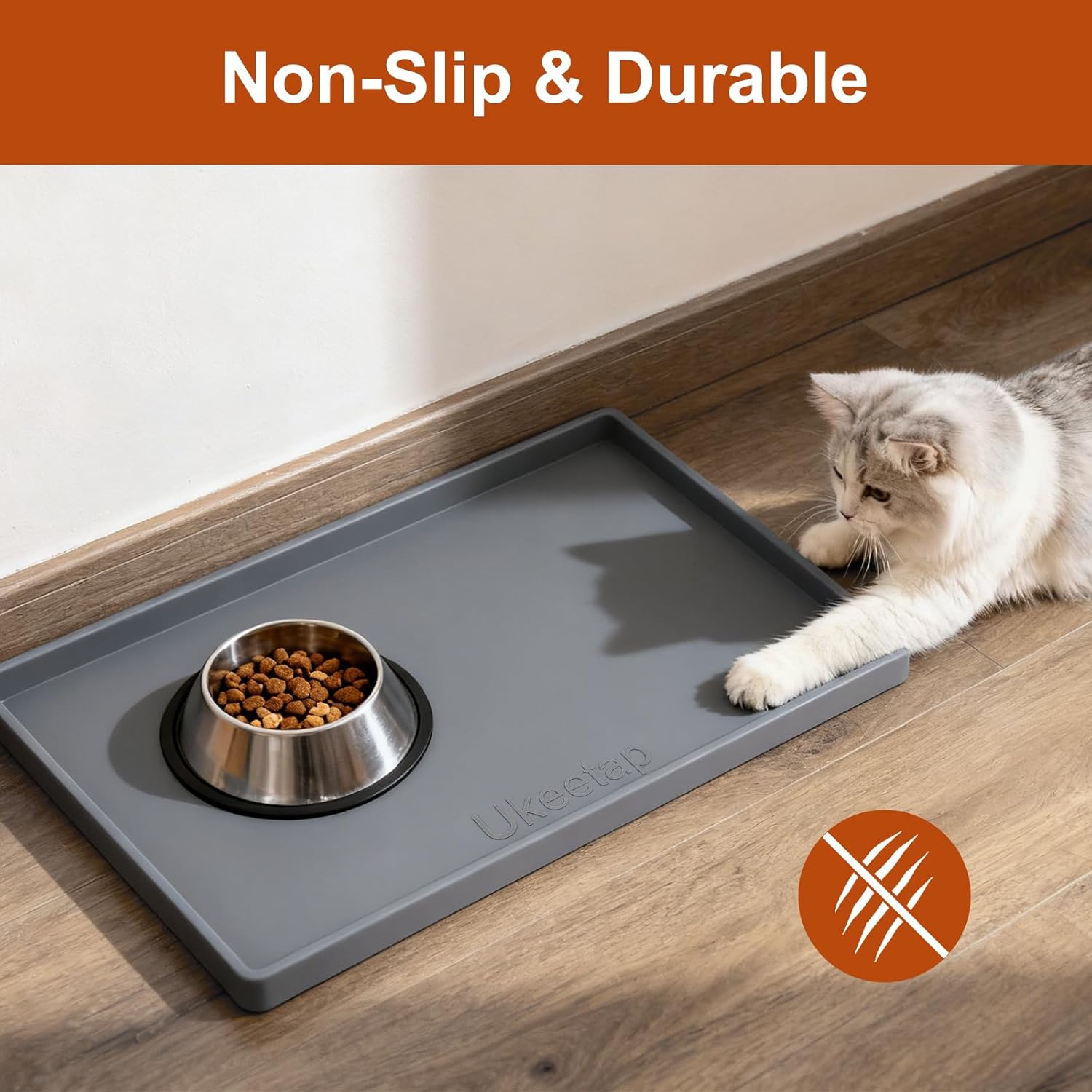 ukeetap Extra Thick Silicone Mat Waterproof with Raised Edge 19” x 12”, BPA Free Non-Slip Dog & Cat Food Mat, Feeding Mat for Food and Water Bowls, Spill Proof Mat to Protect Floors, Gray