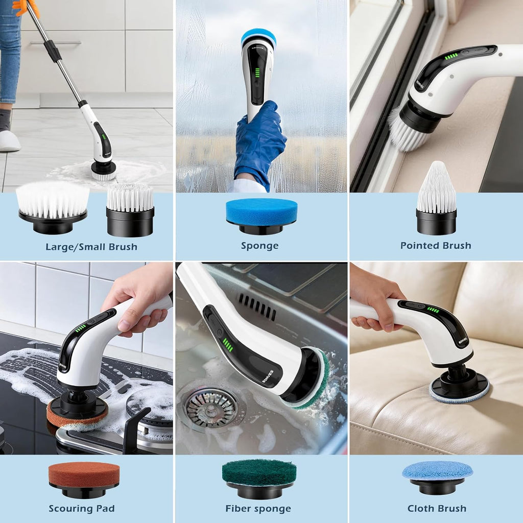 Bomves Electric Spin Scrubber, Cordless Cleaning Brush Scrubber for Home, 8 Replaceable Brush Heads-90Mins Work Time, 3 Adjustable Size, 2 Speeds for Bathroom Shower Bathtub Glass Car