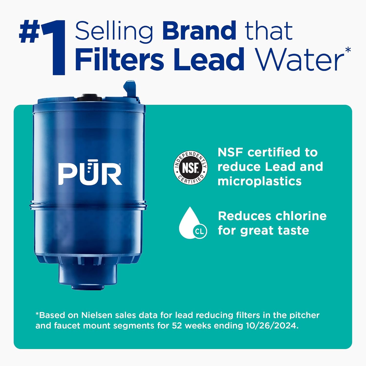PUR Plus Vertical Faucet-Mount Water Filtration System, Lead-Reducing Filter, Easy Installation, 100-Gallon Capacity, Compatible with External Aerators, Grey