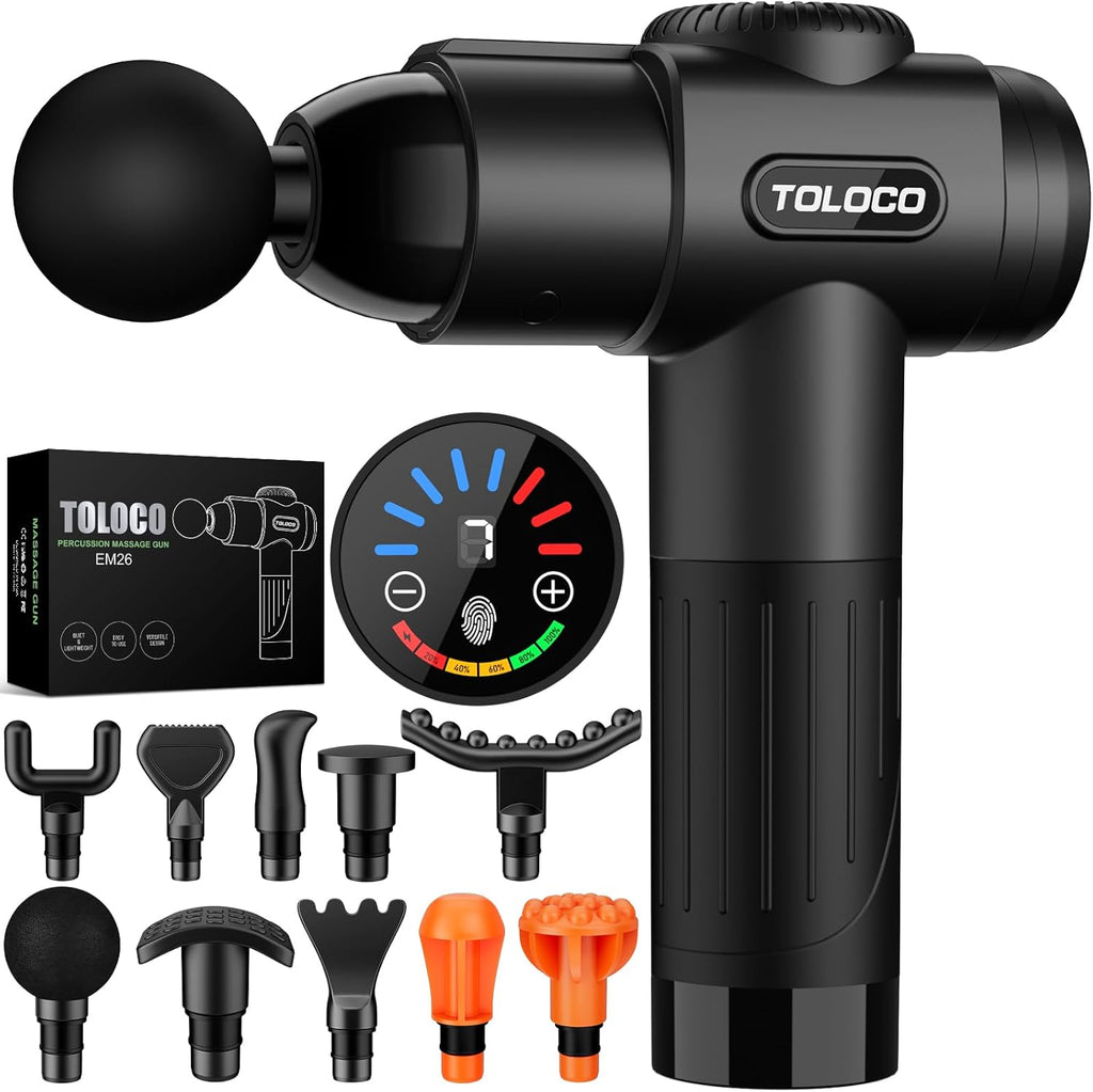 TOLOCO Massage Gun, Deep Tissue Back Massage for Athletes for Pain Relief, Percussion Massager with 10 Massages Heads & Silent Brushless Motor, Mothers Day Gifts, Black