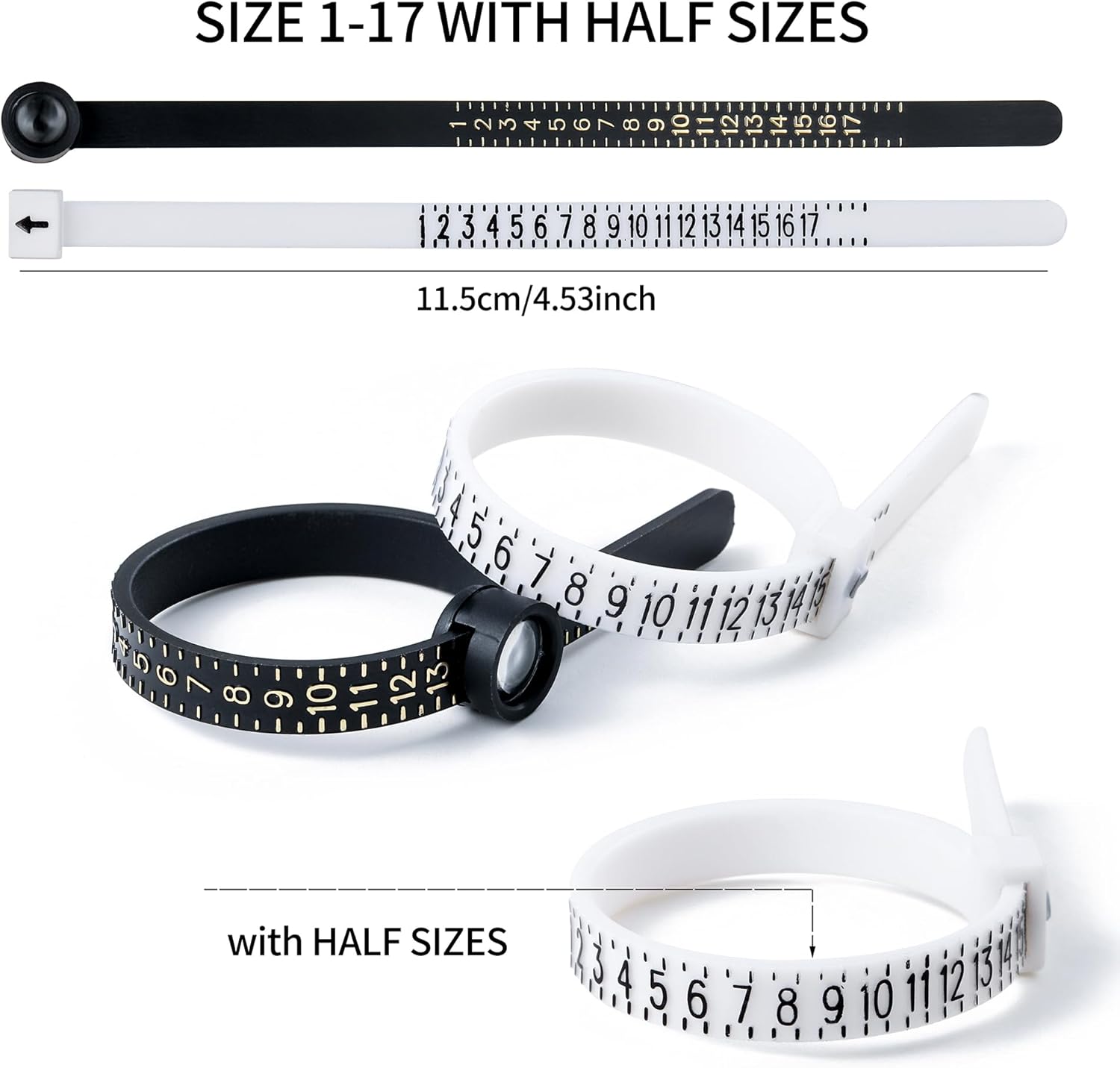 Bflaae Ring Sizer Measuring Tool Kit, 27 PCS Stainless Steel Measuring Ring Tool, US Ring Size 0-13 with Half Size, 2 PCS Reusable Finger Size Tape with Magnified Glass 1-17 USA Rings Size