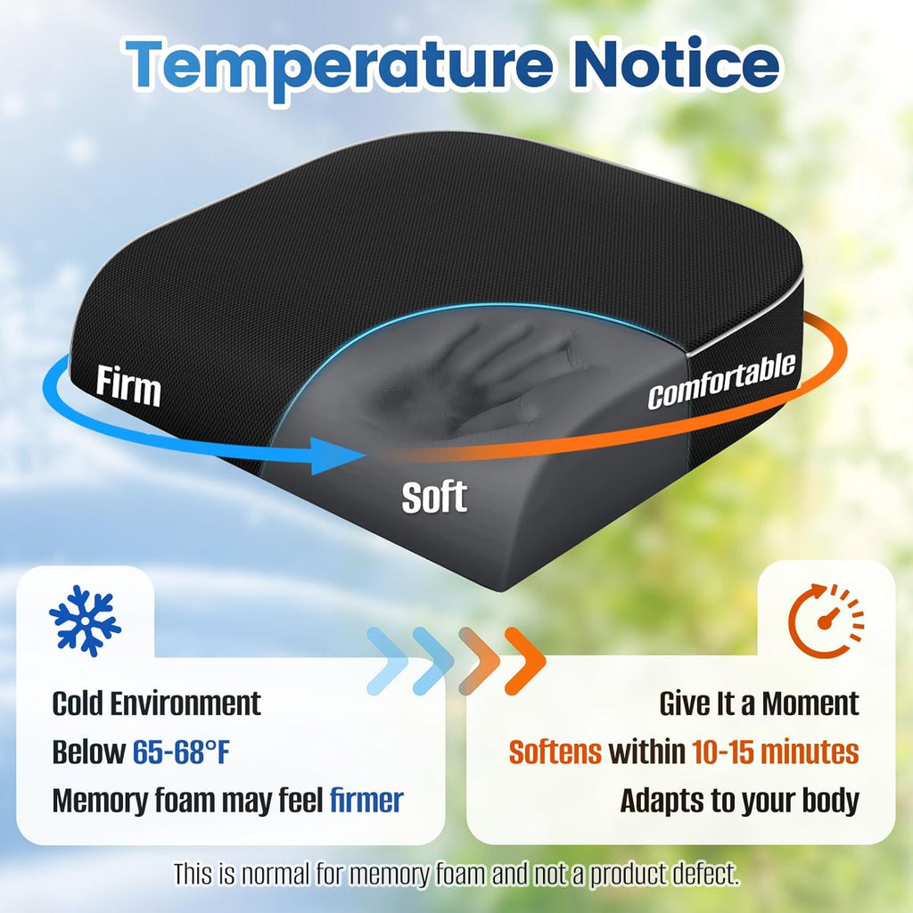 SweetSlubr Seat Cushion for Tailbone Pain Relief, Office Chair Cushion, Memory Foam Large Cushion with Non-Slip Cover for Soft Support at Office Chair, Car Seat, Airplane, Floor Pillow, Black/Large