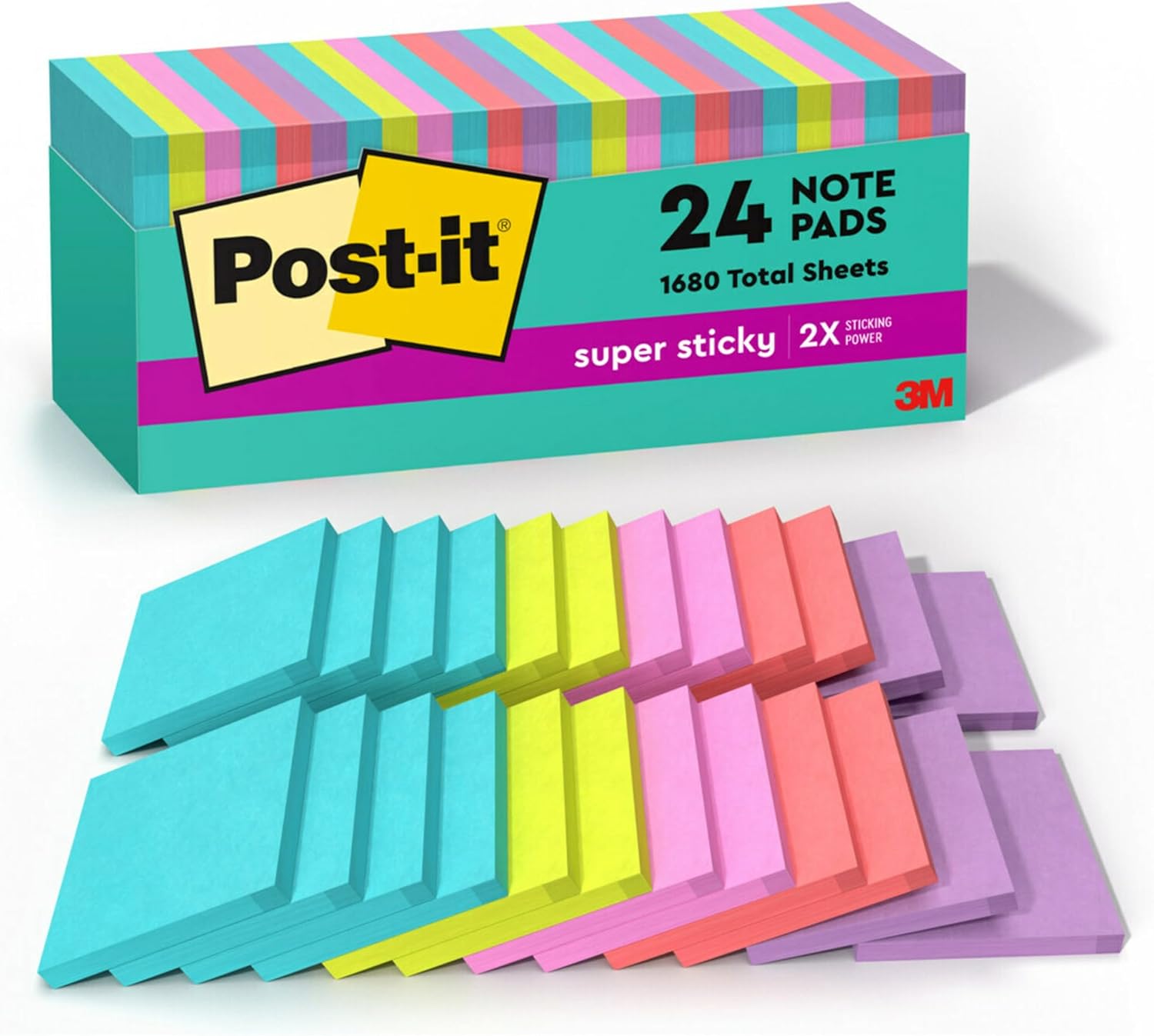 Post-it Super Sticky Notes, 24 Sticky Note Pads, 3 x 3 in., School Supplies, Office Products, 2X the Sticking Power, Supernova Neons Collection