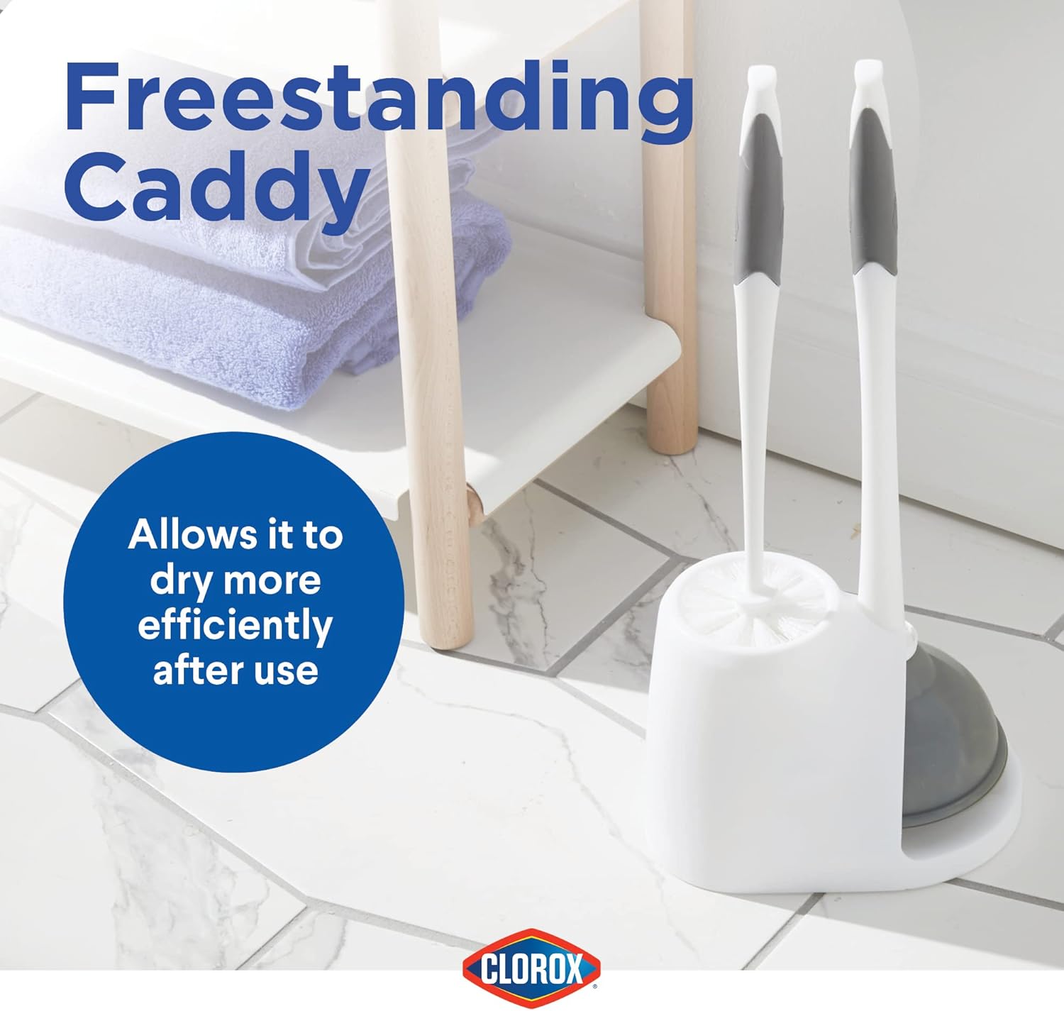 Clorox Toilet Plunger and Bowl Brush Combo with Caddy, 6.75 x 7 x 19.5 in, White/Gray