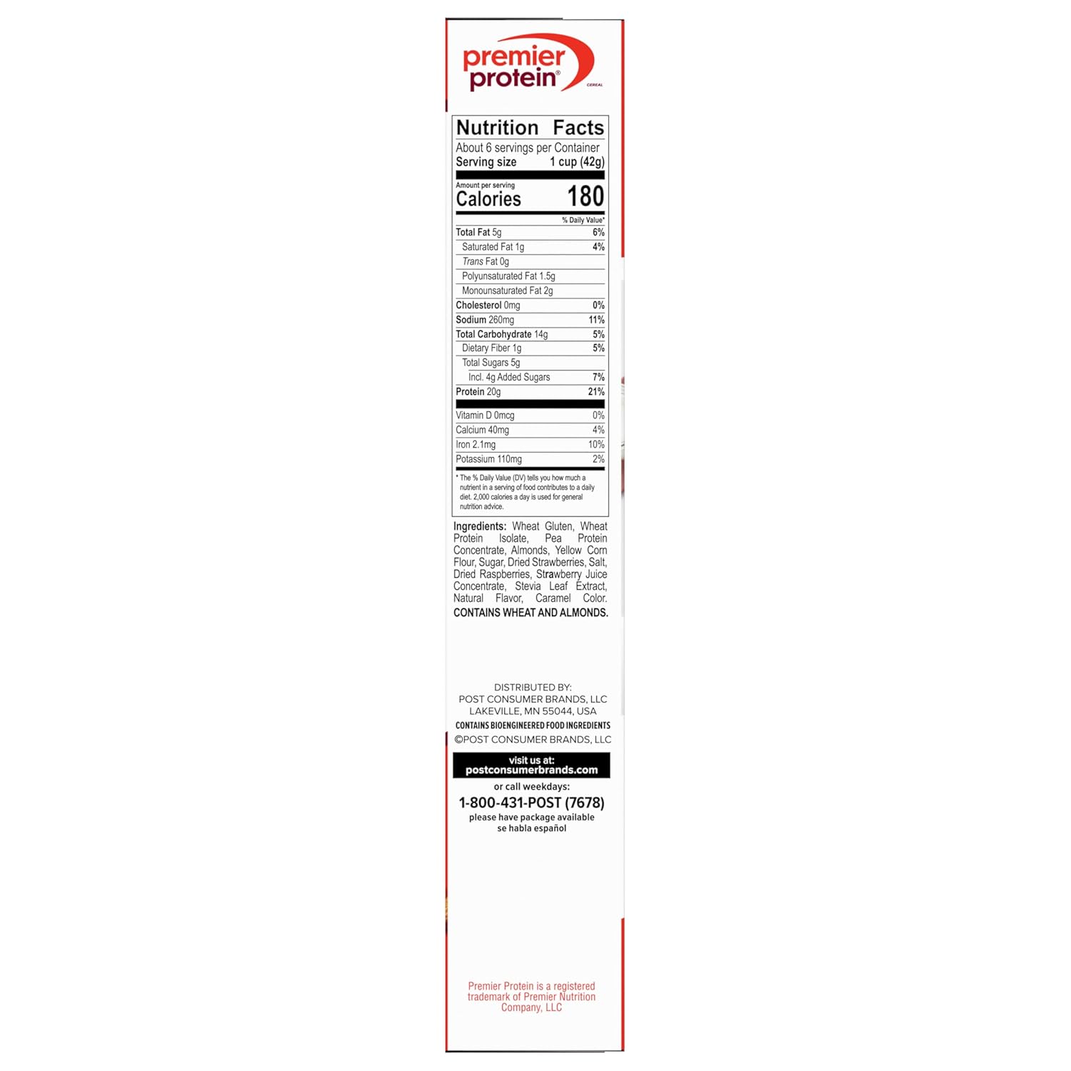 Premier Protein Mixed Berry Almond Cereal, Protein Cereal Flakes Mixed with Dried Berries and Sliced Almonds, Contains 20g of Protein Per Serving, 9 OZ Box