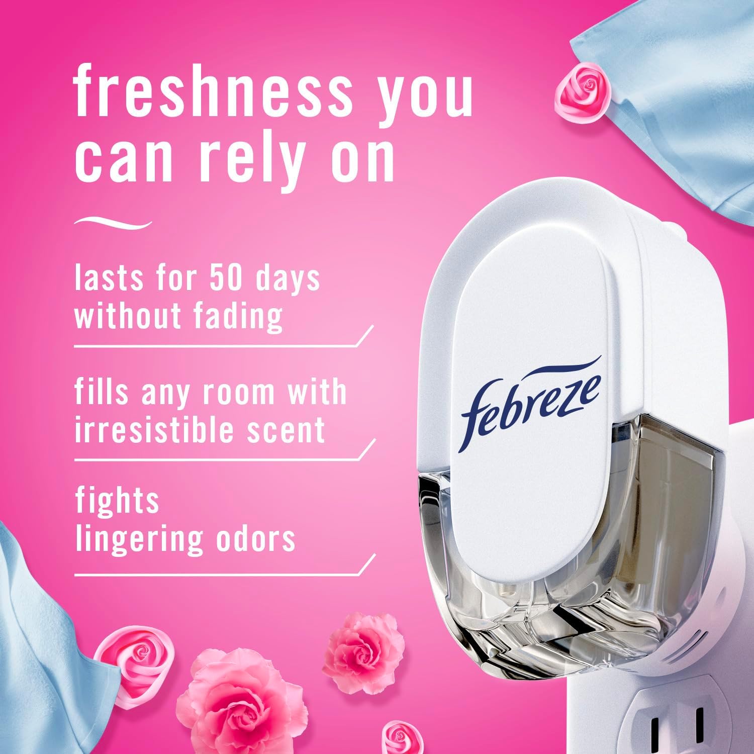Febreze Plug-In Air Freshener, Odor-Fighting Scented Oil Starter Kit, Air Fresheners for Home and Bathroom and Kitchen, Long Lasting for Strong Odors, Downy April Fresh Scent, Warmer + 2 Refill