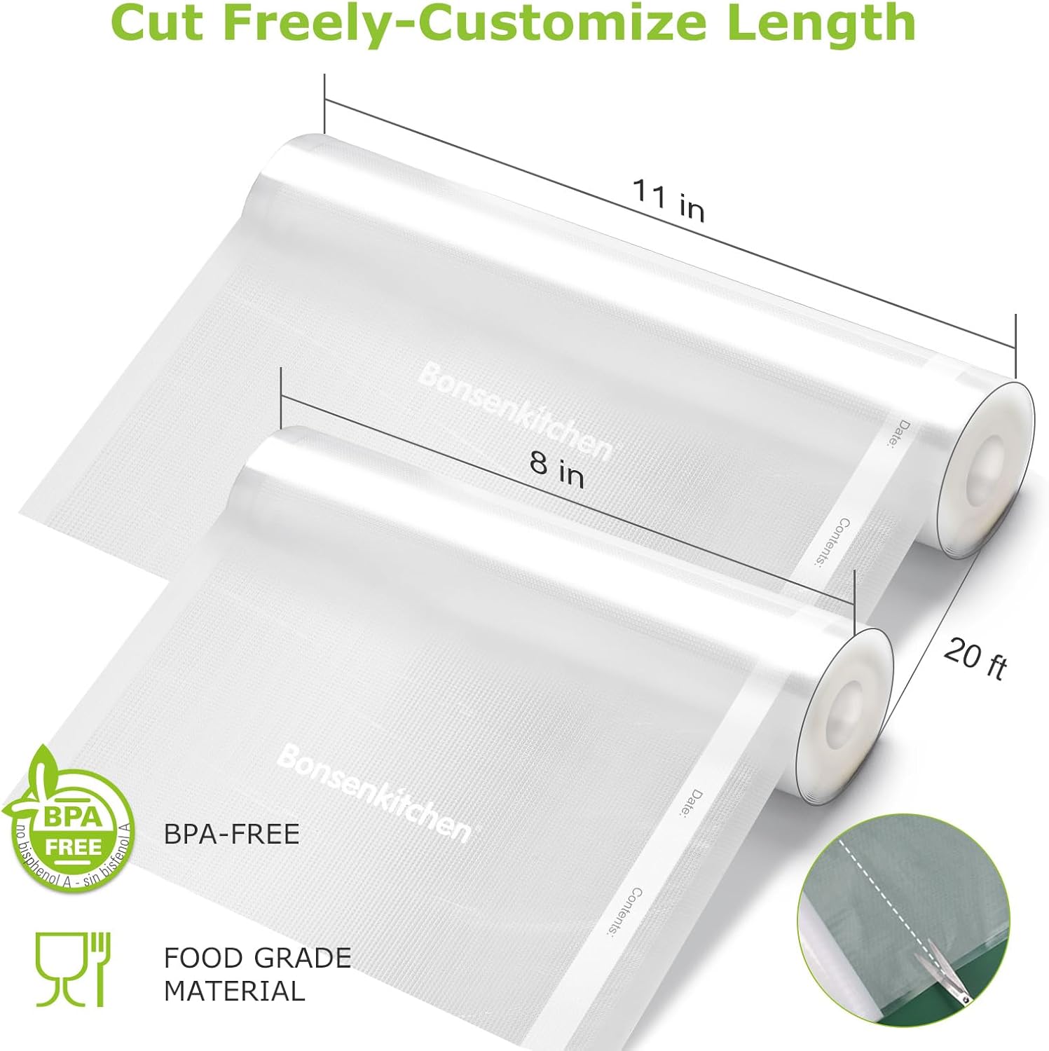Bonsenkitchen Vacuum Sealer Rolls Bags, 6 Pack 3 Rolls 11" x 20' + 3 Rolls 8" x 20' Commercial Grade BPA Free Bag Rolls, Durable Customized Size Food Vac Bags for Storage and Sous Vide Cooking VB3211