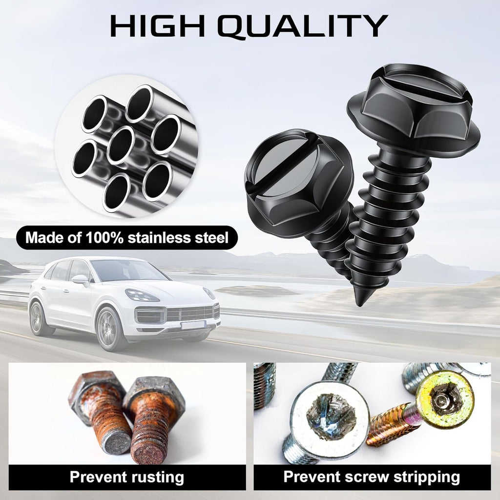 LivTee Rustproof License Plate Screws for Securing License Plates Frames and Covers on Cars and Trucks, 4 Sets Premium Stainless Steel Self Tapping Mounting Bolts (Black Zinc Plated)