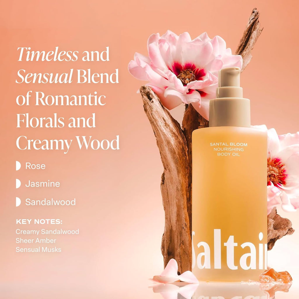 Saltair Body Oil - Luxurious Santal Bloom After Shower and Bath Oil for Women and Men. Botanical, Non-Greasy, Well-Absorbing Moisturizer for Hydrating Dry Skin – 4oz Pump Bottle