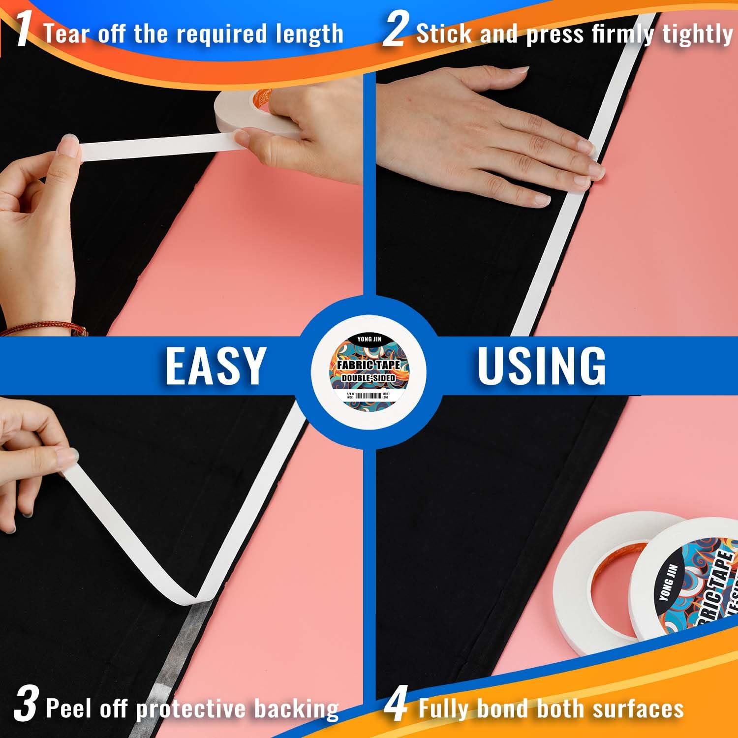 YONGJIN Double-Sided Fabric Tape (2 Rolls) - No Sewing or Ironing Required, Perfect for Quick Clothing Repairs, Fabric Bonding, Adhesive Cloth Tape for Hemming and DIY Crafts (1/4inch+1/2inch)